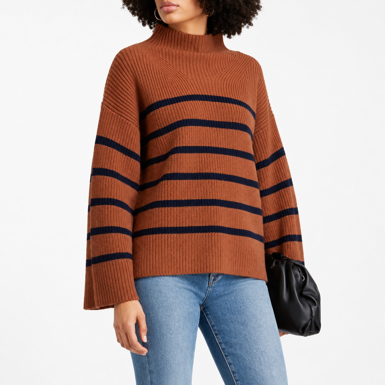 A.L.C Louise Striped Merino Wool Mock Neck Pullover Sweater Brown M